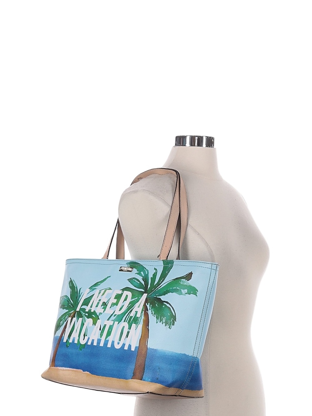 kate spade Light Blue Palm Print Tote with Tan Straps